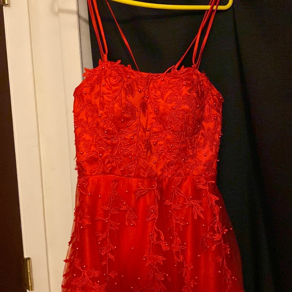Razor back prom dress, floral design with red beading. Padded and long.